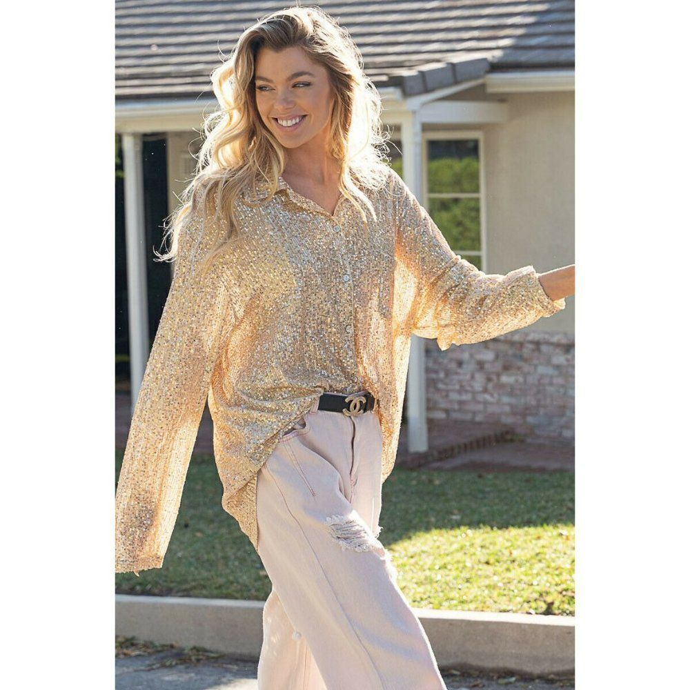 POL CLOTHING GOLD BEIGE SEQUIN BUTTON UP SHIRT BEACH COVER UP SPARKLY CUTE NEW - Picture 8 of 11